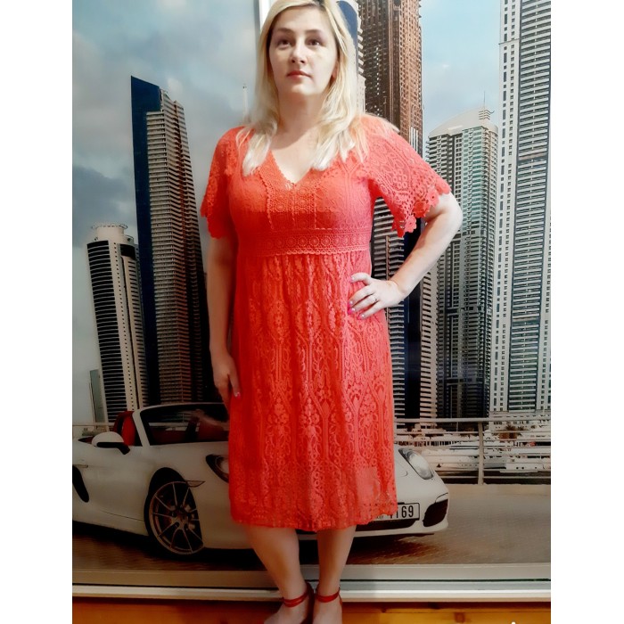 РОЗПРОДАЖ!!! Плаття літнє штапиль з гіпюром коралового кольору 46-50р 48/50