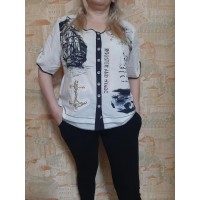 РАСПРОДАЖА!!!   Блуза-марльовка белая с принтом в морском стиле 54,56,58р