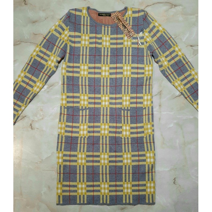 Платье полушерсть зима, желто/серый в клетку на 44/46р.
