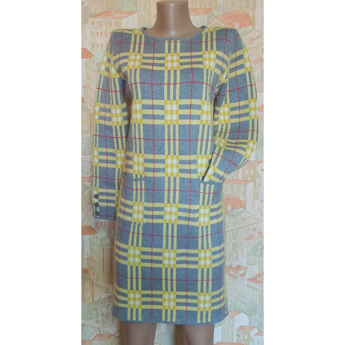 Платье полушерсть зима, желто/серый в клетку на 44/46р.