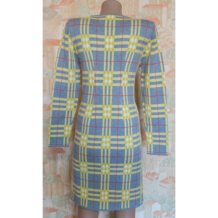 Платье полушерсть зима, желто/серый в клетку на 44/46р.