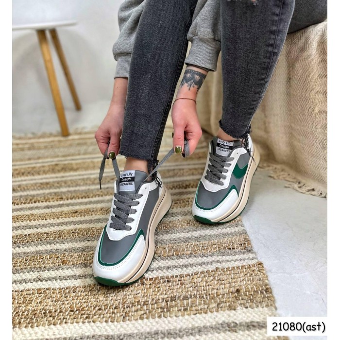 Кроссівки еко-шкіра жіночі сірі с зеленим на 35.5,37,39,40р