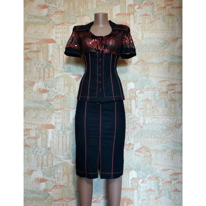 Костюм льон чорний із червоним S,L