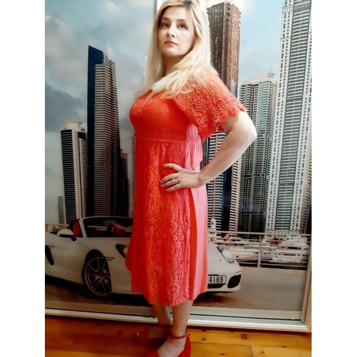 РОЗПРОДАЖ!!! Плаття літнє штапиль з гіпюром коралового кольору 46-50р