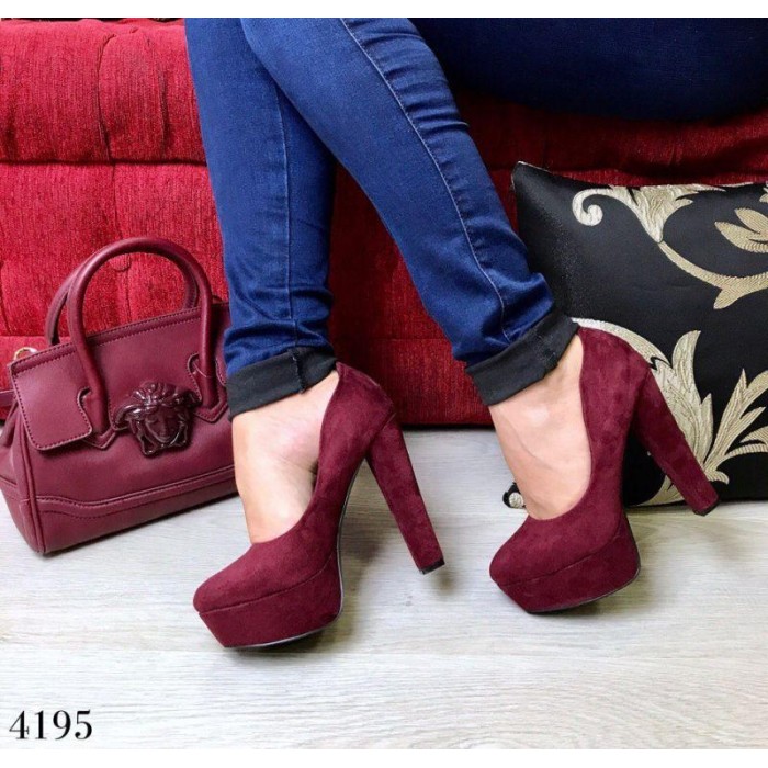 Туфлі жіночі на стійкому підборі еко-замша колір марсалу 36,37,40р