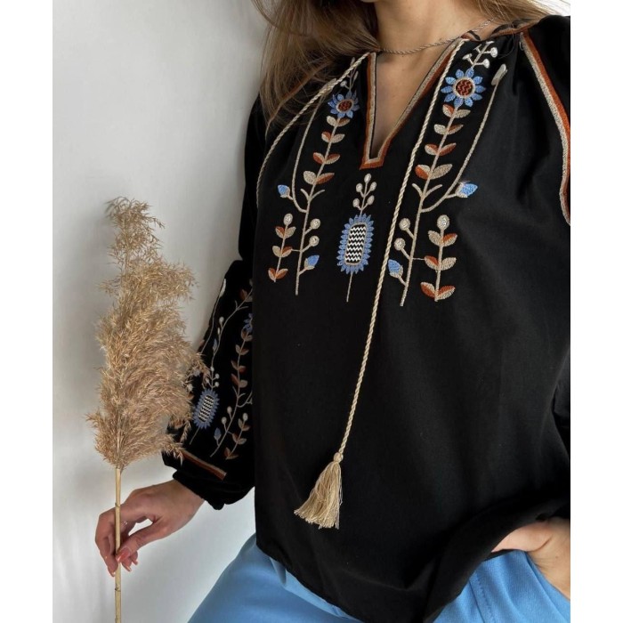 Вишиванка жіноча бавовна чорна Туреччина  S M L