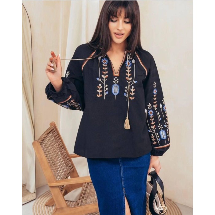Вишиванка жіноча бавовна чорна Туреччина  S M L