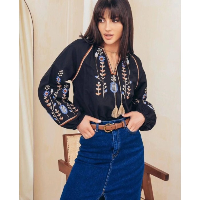 Вишиванка жіноча бавовна чорна Туреччина  S M L