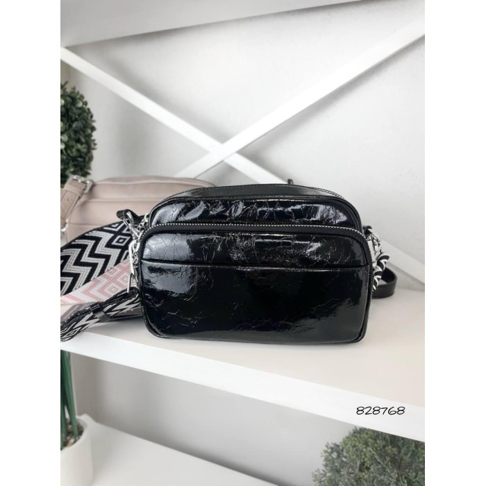 Сумка жіноча кросбоді 2 ременя натуральна шкіра Червона лак Чорний лак