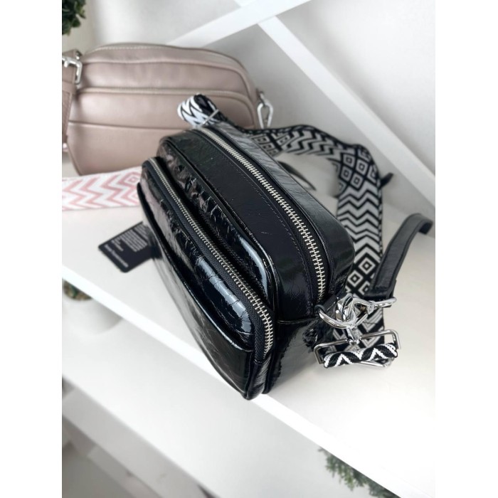 Сумка жіноча кросбоді 2 ременя натуральна шкіра Червона лак Чорний лак