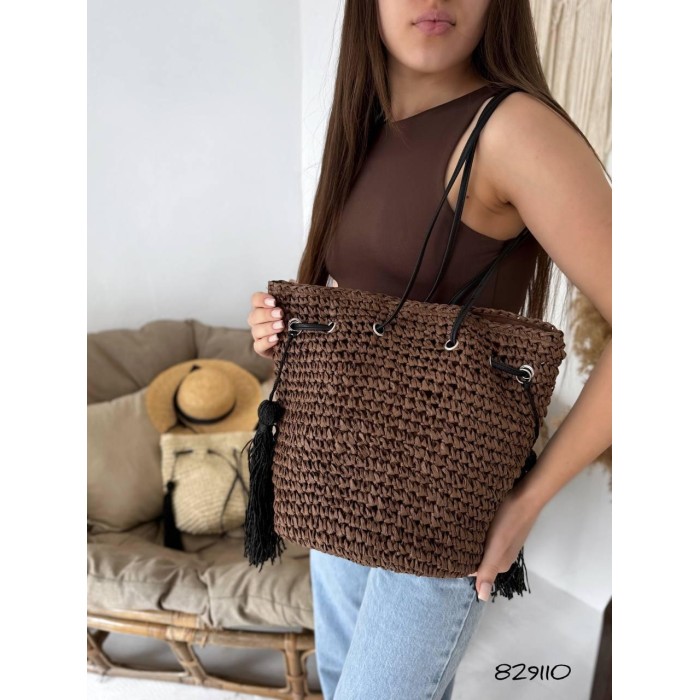 Сумка/мішечок  плетена з екошкірою Молочна, Шоколад Шоколад