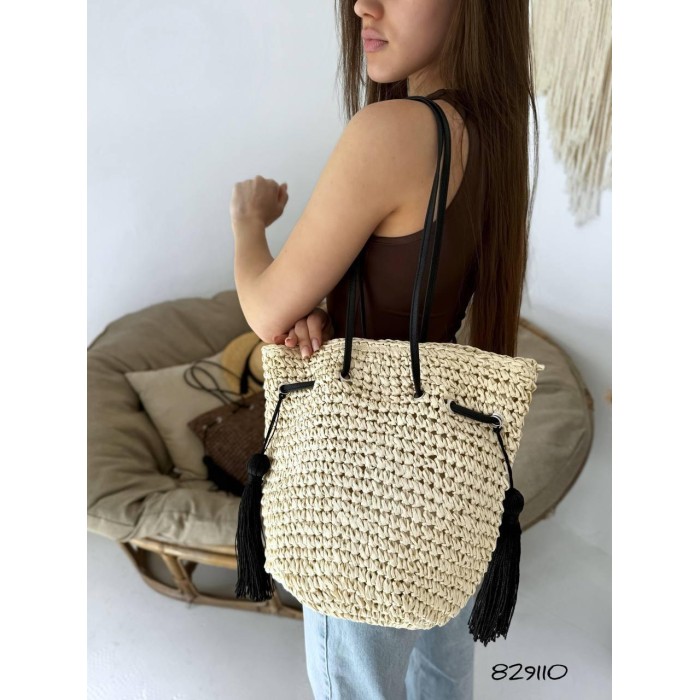 Сумка/мішечок  плетена з екошкірою Молочна, Шоколад