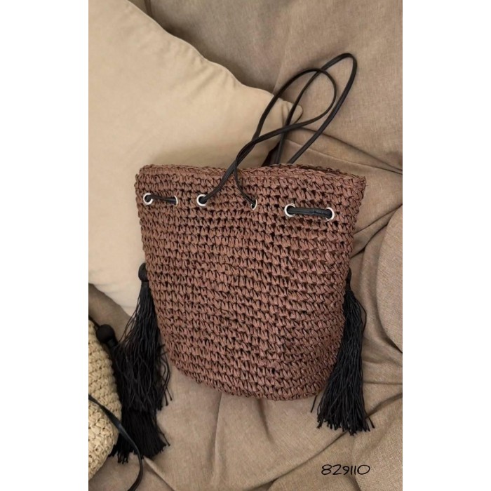 Сумка/мішечок  плетена з екошкірою Молочна, Шоколад Шоколад