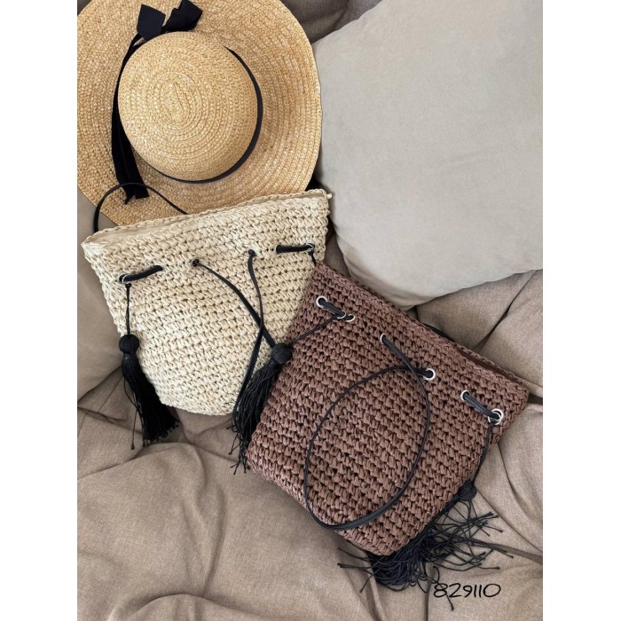 Сумка/мішечок  плетена з екошкірою Молочна, Шоколад Шоколад