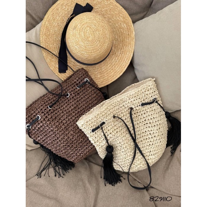 Сумка/мішечок  плетена з екошкірою Молочна, Шоколад Шоколад