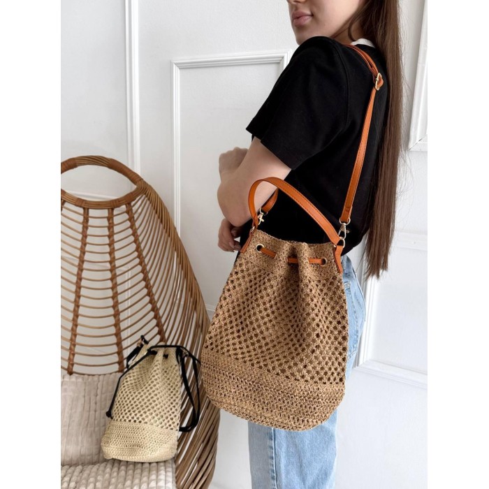 Сумка/кошик Мішечок комбінований плетена з екошкірою Беж