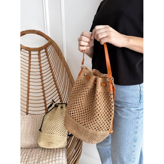 Сумка/кошик Мішечок комбінований плетена з екошкірою Беж
