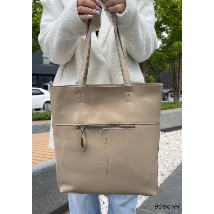 Сумка жіноча шопер натуральна шкіра лак канадка Беж світлий