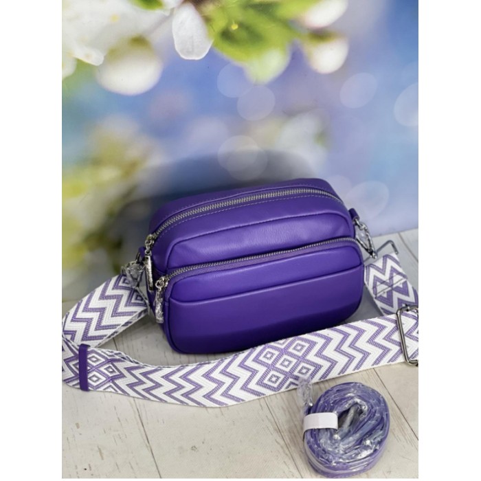 Сумка жіноча кросбоді 2 ременя натуральна шкіра Червона лак Бузковий