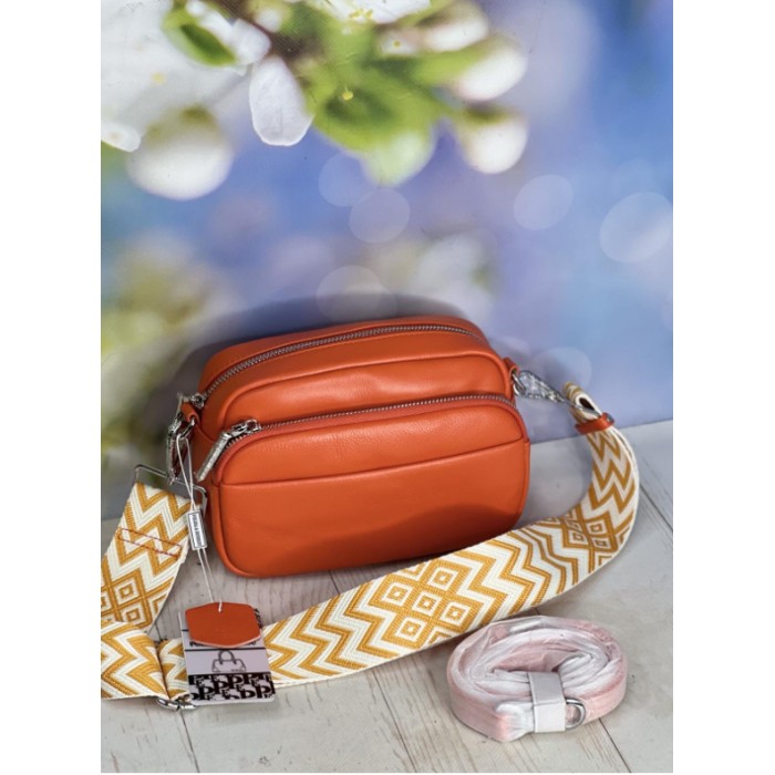 Сумка жіноча кросбоді 2 ременя натуральна шкіра Червона лак Помаранчевий