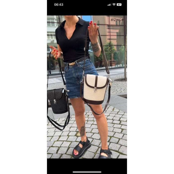 Сумка жіноча мішечок екошкіра люк комбінована колір: білий/ шоколадний, Чорний