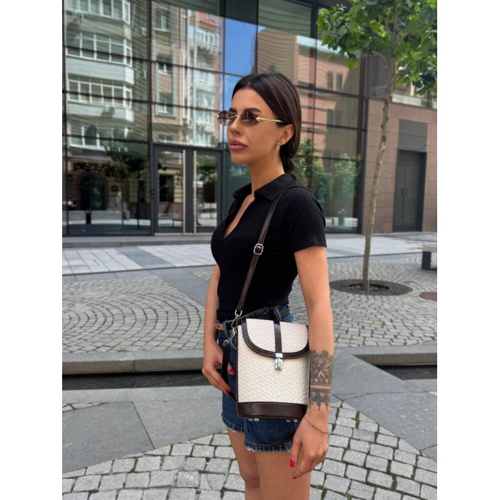 Сумка жіноча мішечок екошкіра люк комбінована колір: білий/ шоколадний, Чорний