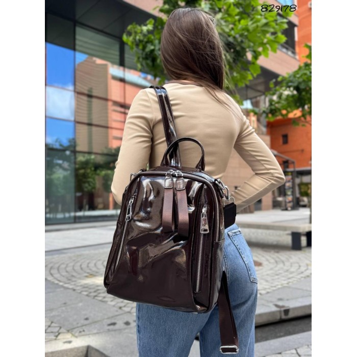 Рюкзак Polina лак натуральна шкіра колір: Шоколад