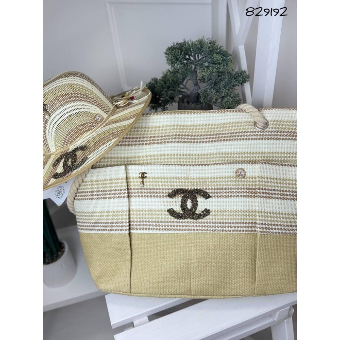 Сумка жіноча + Капелюх Шанель люкс плетіння комбіноване зі шкірою Беж, Чорна