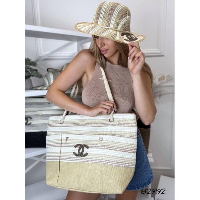 Сумка жіноча + Капелюх Шанель люкс плетіння комбіноване зі шкірою Беж, Чорна