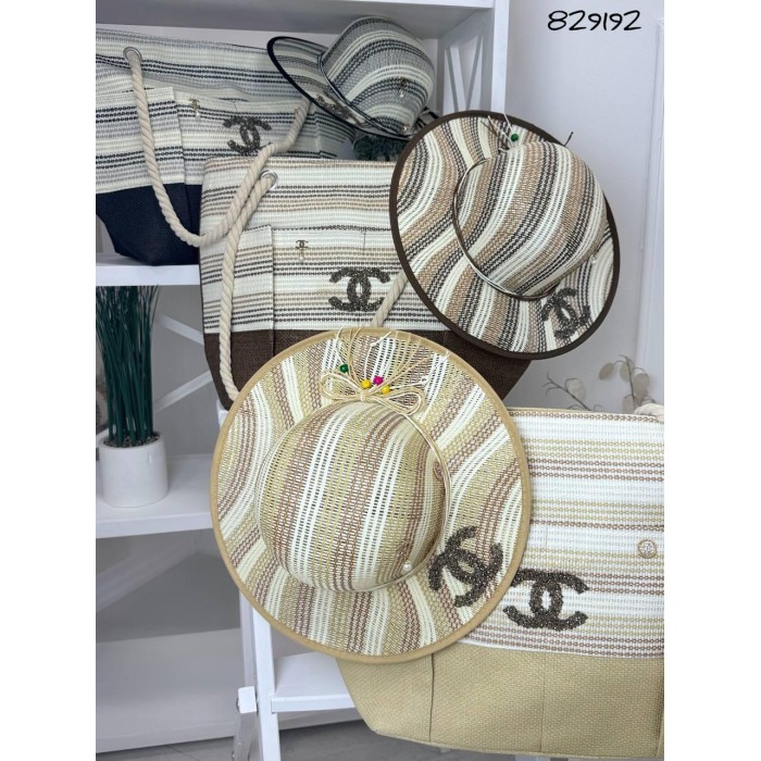 Сумка жіноча + Капелюх Шанель люкс плетіння комбіноване зі шкірою Беж, Чорна