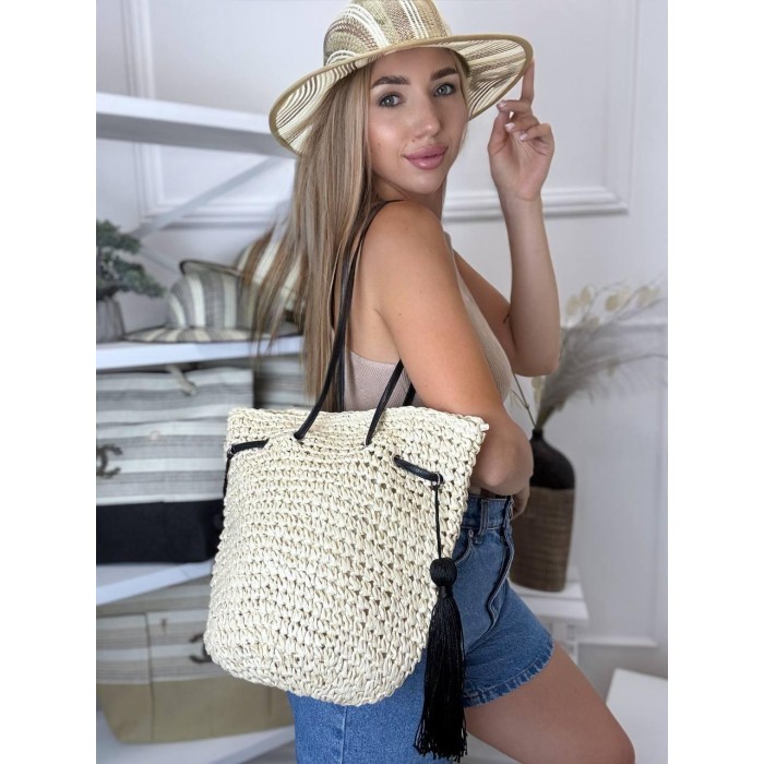 Сумка/мішечок  плетена з екошкірою Молочна, Шоколад