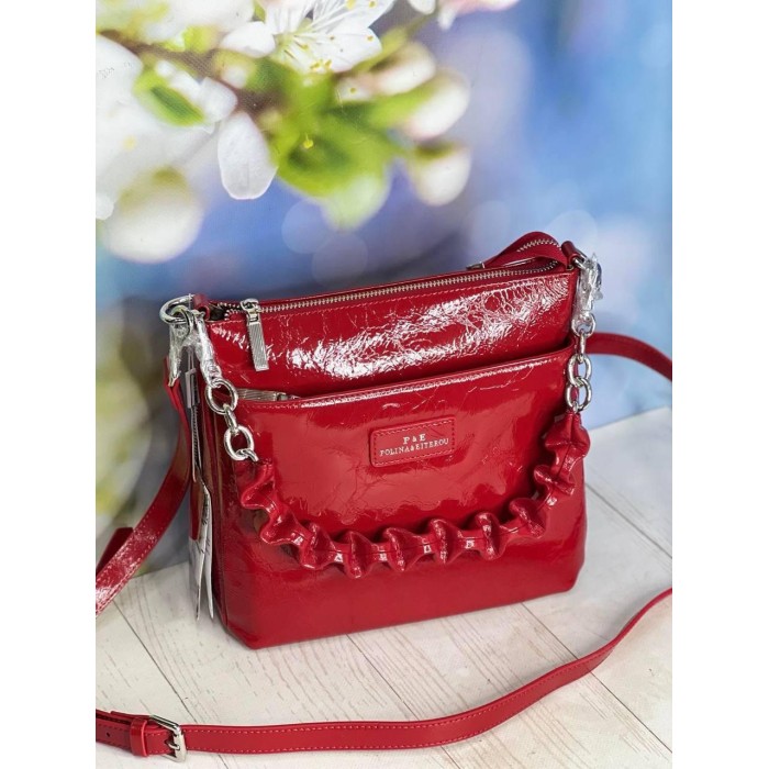 Сумка жіноча 3 відділення натуральна шкіра Червона лак