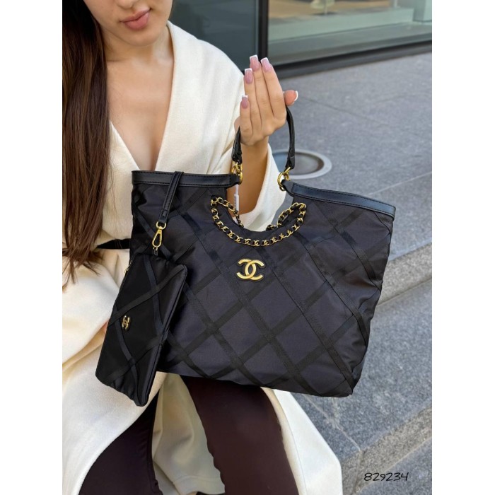 Сумка жіночий з гаманцем комбінована шкіра /текстиль щільний водостійкий Чорна