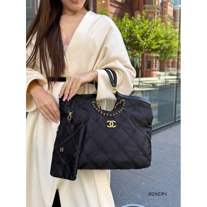 Сумка жіночий з гаманцем комбінована шкіра /текстиль щільний водостійкий Чорна