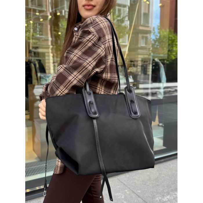 Сумка жіноча шопер 2 в1 комбінована текстиль та екошкіра Чорна
