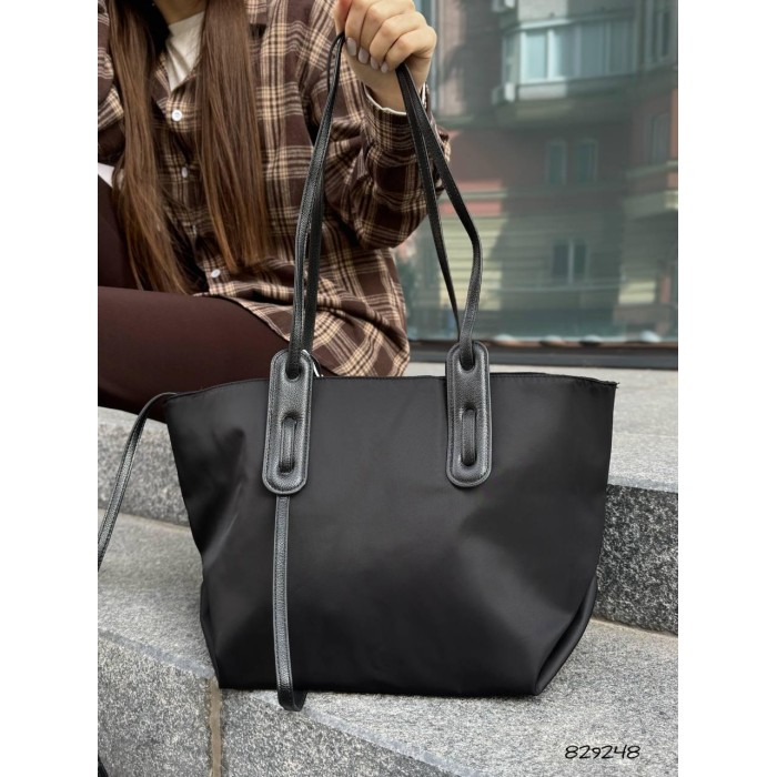 Сумка жіноча шопер 2 в1 комбінована текстиль та екошкіра Чорна