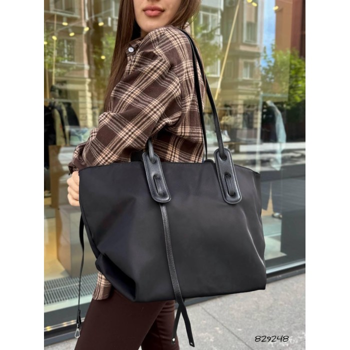 Сумка жіноча шопер 2 в1 комбінована текстиль та екошкіра Чорна