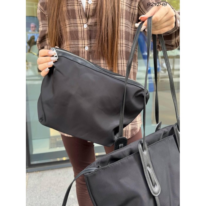 Сумка жіноча шопер 2 в1 комбінована текстиль та екошкіра Чорна