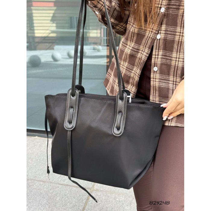 Сумка жіноча шопер 2 в1 комбінована текстиль та екошкіра Чорна