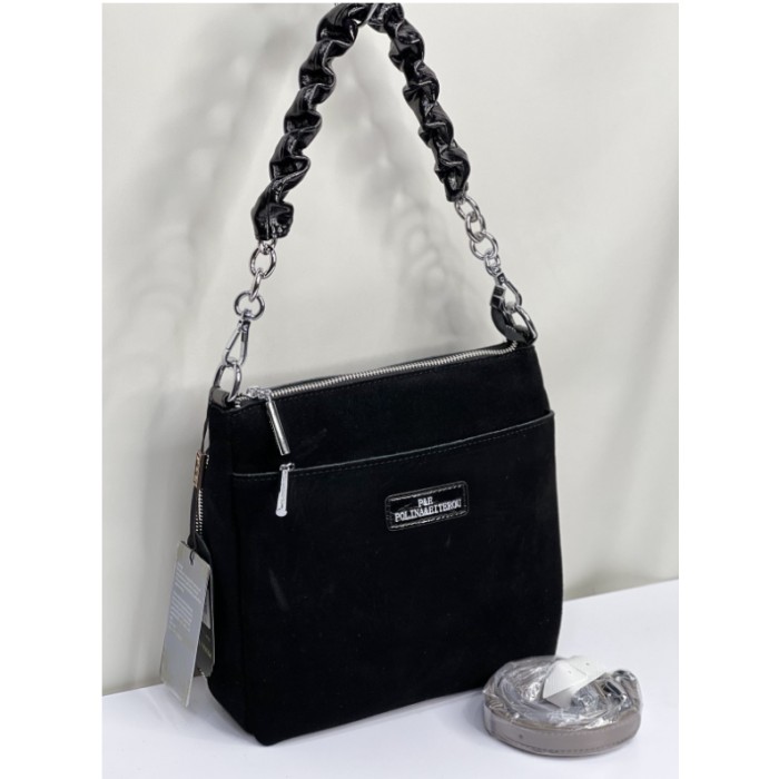 Сумка жіноча 3 відділення натуральна шкіра лак Червона Чорний замшевий