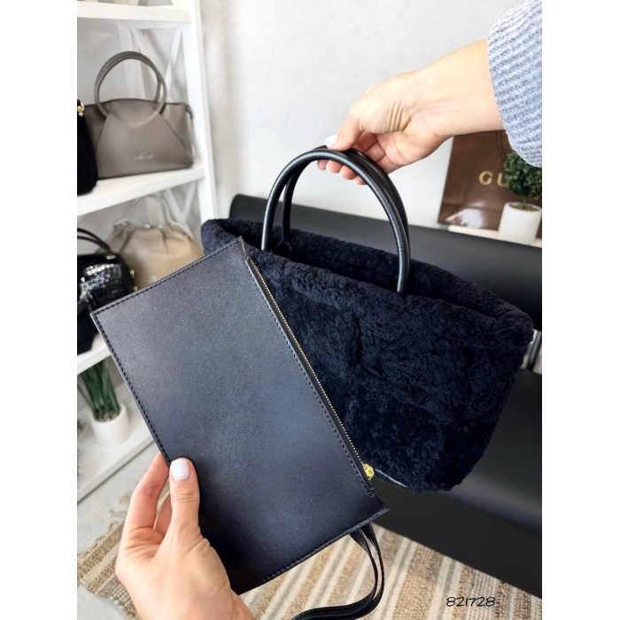 Сумка жіноча з брелоком натуральна шкіра/хутро Чорна, Беж