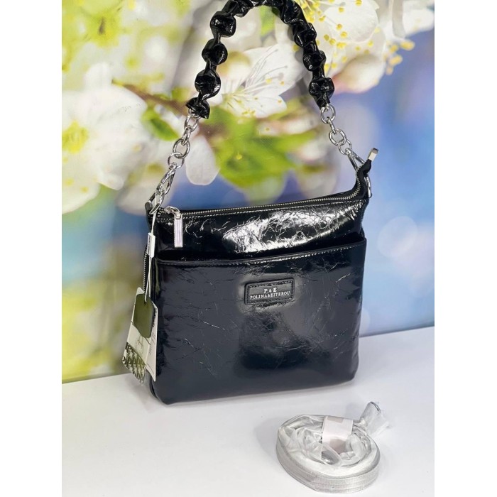 Сумка жіноча 3 відділення натуральна шкіра лак Червона Чорний