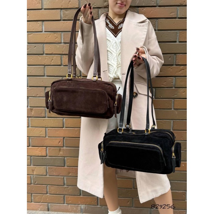 Сумка жіноча 2 відділення Комбінована натуральна замша/шкіра Чорна, Шоколад