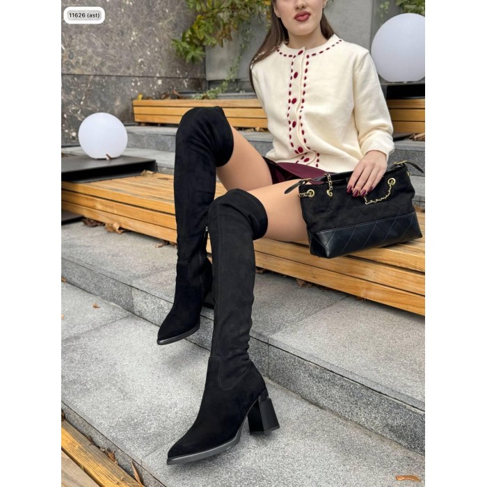 Ботфорти жіночі євро-зима комбіновані натуральна замша/екозамша Чорні 40р