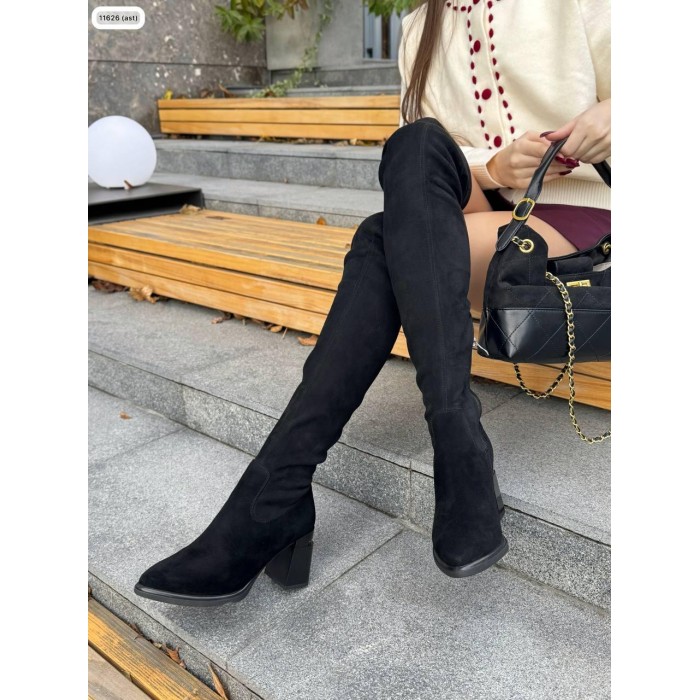 Ботфорти жіночі євро-зима комбіновані натуральна замша/екозамша Чорні 40р