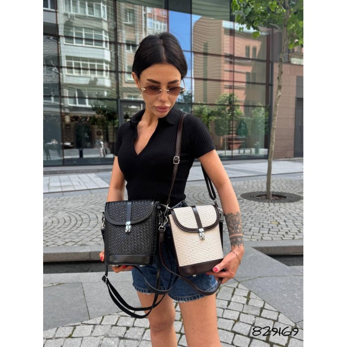 Сумка жіноча мішечок екошкіра люк комбінована колір: білий/ шоколадний, Чорний Чорний