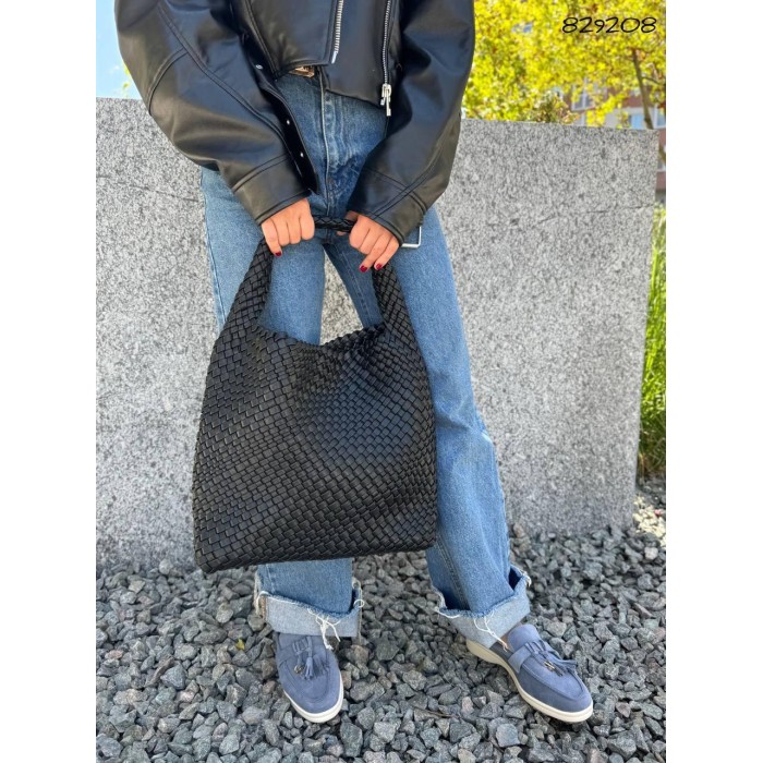 Сумка жіноча мішечок 2 в 1 плетіння екошкіра люк колір: Чорний, Кемел