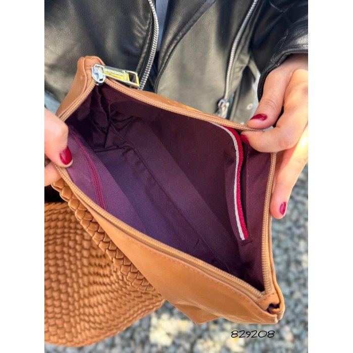 Сумка жіноча мішечок 2 в 1 плетіння екошкіра люк колір: Чорний, Кемел