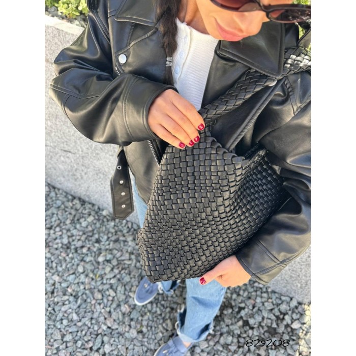 Сумка жіноча мішечок 2 в 1 плетіння екошкіра люк колір: Чорний, Кемел