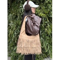 Сумка жіноча мішечок бахрома комбінована колір: Бежева,Чорна